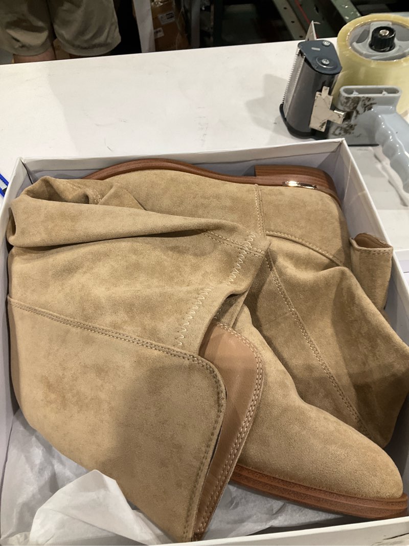 Condition photo showing As Is for Modatope Knee High Boots Women Flat Rounded Toe Stretchy Boots Side Zipper Dress Tall Boot 8 A-suede Camel