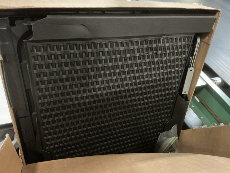 Condition photo showing As Is for yitahome 100 gallon outdoor storage box, large water resistant resin deck box, indoor outdoor lockable storage container for patio, garden, cushions, tools, equipment (black) black 100 gallon rattan