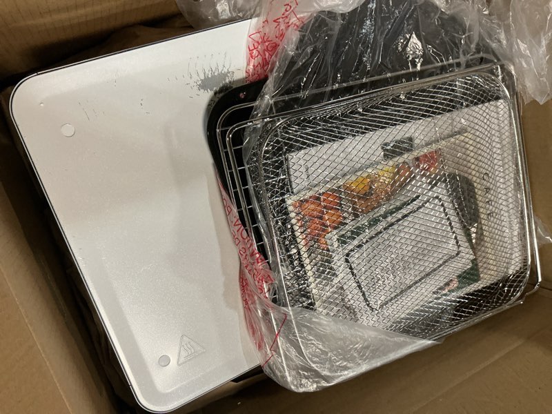 Condition photo showing As Is for Café Couture Oven with 14 essential cooking modes, including Air Fry, CrispFinish, Bake, Broil, Roast, Toast, Pizza, WiFi & Smart Connected, Voice Control, Countertop Small Appliances, Matte White