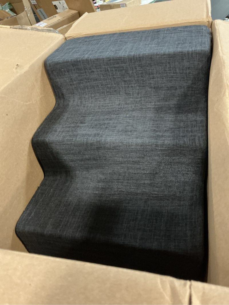 Condition photo showing As Is for best pet supplies dog stairs & steps - foam steps for small dogs & cats, non-slip indoor balanced pet step support, dog ramp, no assembly, dark gray linen, 4-step (18-inch height) dark gray linen 4 h: 18 inches (standard)