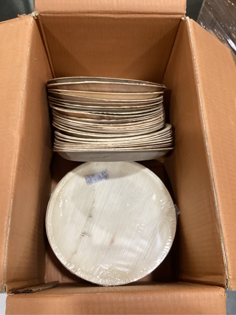 Condition photo showing As Is for eco soul 100% compostable 10 inch round palm leaf plates [100-pack] i premium disposable plates set i heavy duty eco-friendly bamboo plates disposable i round disposable plates 100 10" round plates