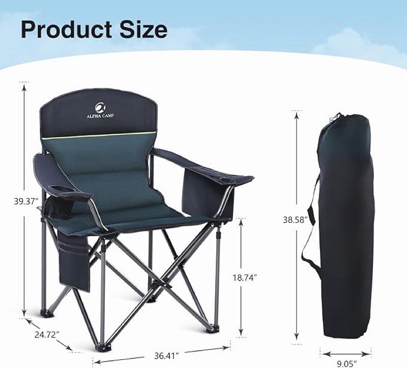 high point sports oversized camping folding chair, heavy duty portable outdoor chair, foldable camp chair with cup holder and cooler bag support 450 lbs, 2 pack, green