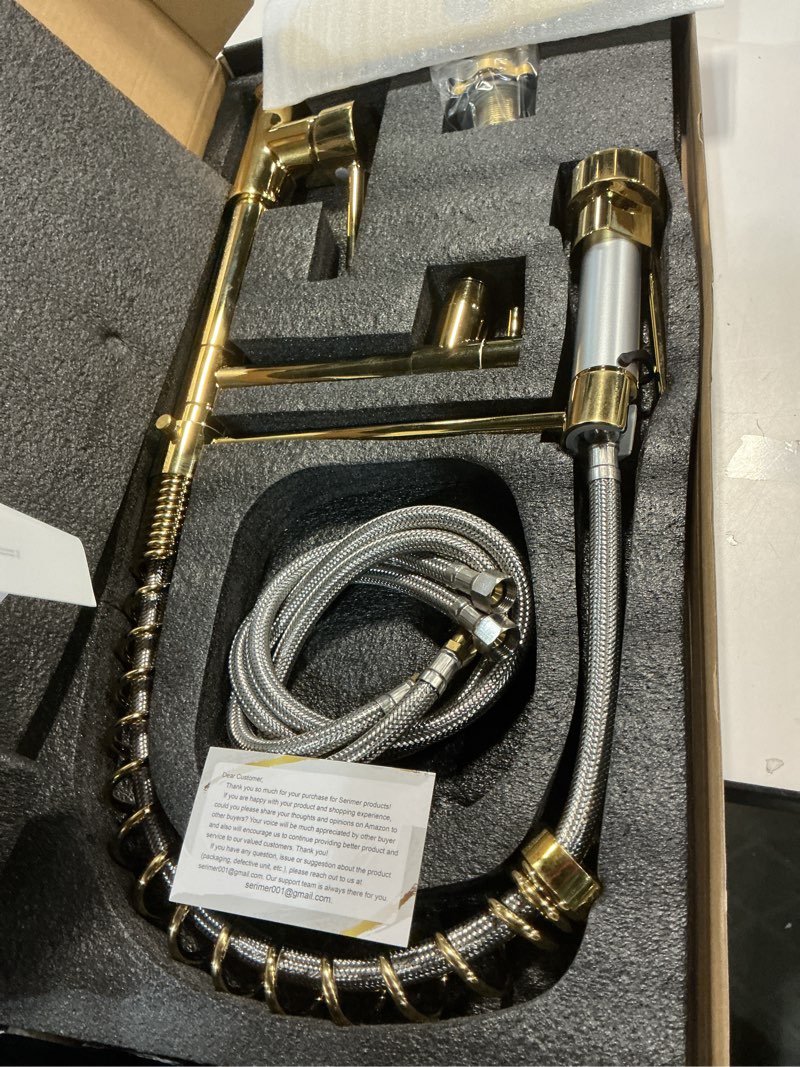 Condition photo showing Good Condition for Gold Kitchen Faucet?Kitchen Faucet with Pull Down Sprayer, Serimer Commercial Spring Style?Single Handle 360° Rotatable Faucet with Deck Plate for Camper Farmhouse RV Bar