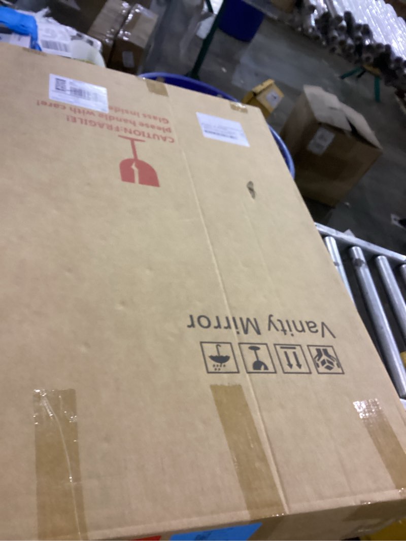 Condition photo showing New/Like New for LED Wall Mirror Irregular Asymmetrical Wall Mirror for Living Room Bathroom Entryway, Modern Decorative Mirror Hanging (Hook Style, 30'' x 18''Walnut Walnut With Led 30"L x 18"W