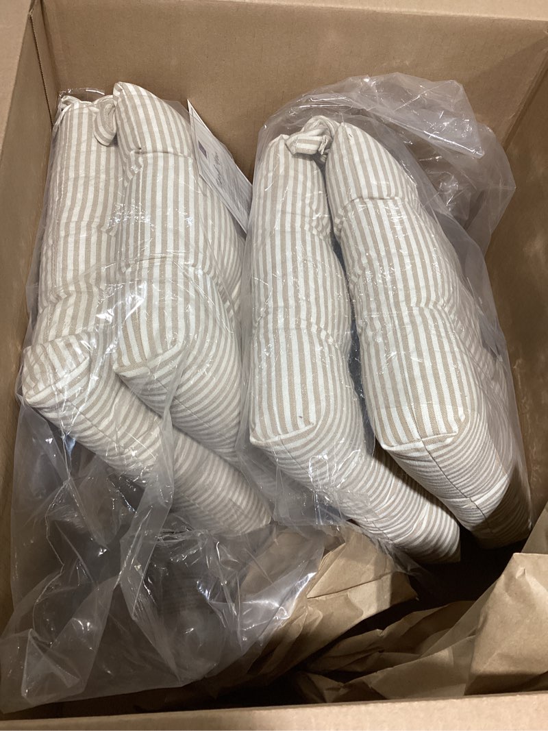 Condition photo showing As Is for lush decor farmhouse ticking stripe yarn dyed chair pad 2-pack, 13'' x 14'', neutral chairpad stripe & yarn