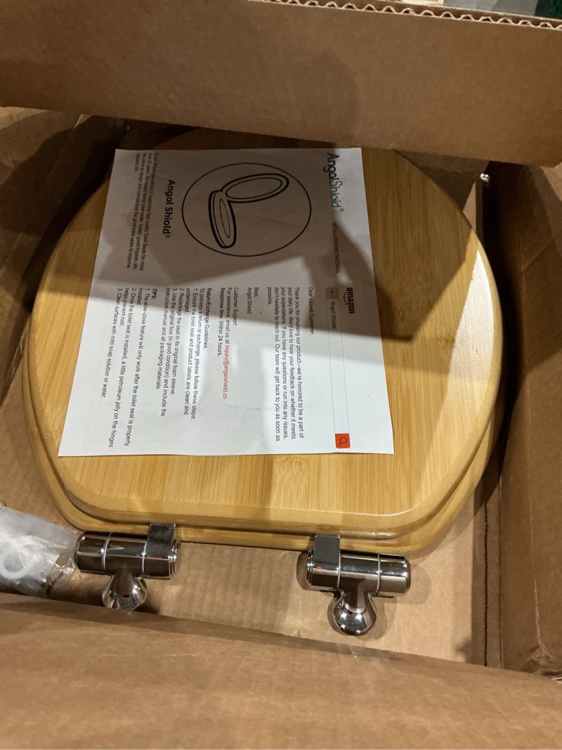 Condition photo showing Good Condition for angol shiold round bamboo wood toilet seat soft close zinc alloy strong hinges, light, easy to install & clean, up to 400 lbs (round 16.5", natural bamboo) round -16.5" soft close