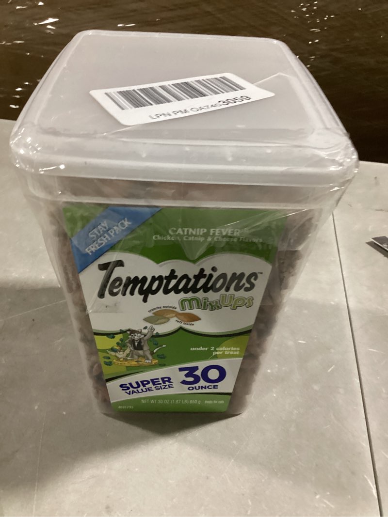 Condition photo showing item condition for Temptations MixUps Catnip Fever Flavor Crunchy and Soft Cat Treats, 30 oz. Tub 1.88 Pound (Pack of 1)