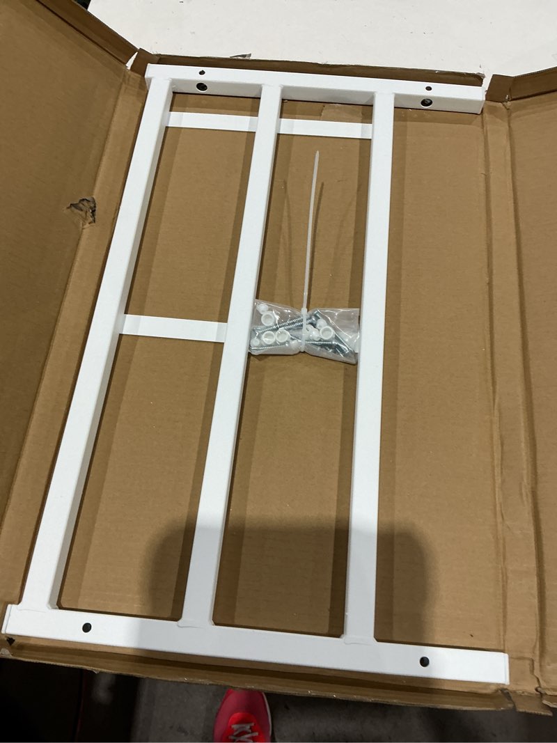 Condition photo showing As Is for fixed window safety guard 14”x 38” adjustable width prevents accidental falls, non-egress, tamper resistant screws included, white, single pack 14x38 inches