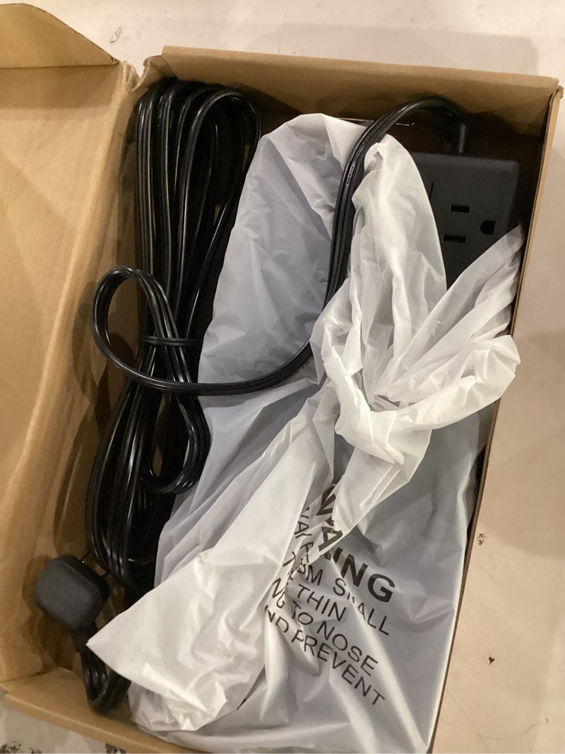 Condition photo showing New/Like New for 10ft extension cord with multiple outlets, flat plug power strip with 2100j surge protector, 13 outlets, 2 usb a, 2 usb c, desk usb charging station, home office, college dorm room essentials, black