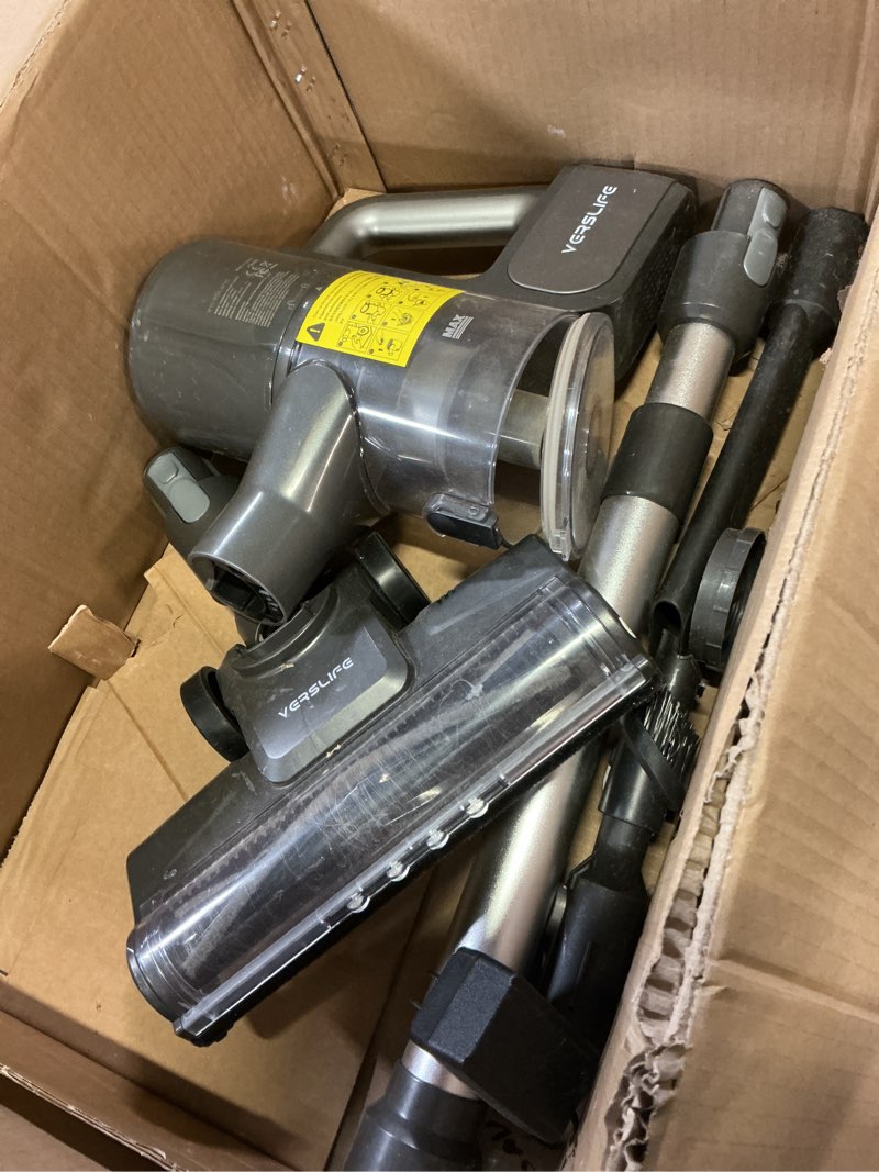 Condition photo showing As Is for cordless vacuum cleaner, 500w/40kpa lightweight stick vacuum up to 40 mins runtime, led display and green headlights, 6-stages filtration, self-standing vacuum for home hard floor, carpet and pet hair gray