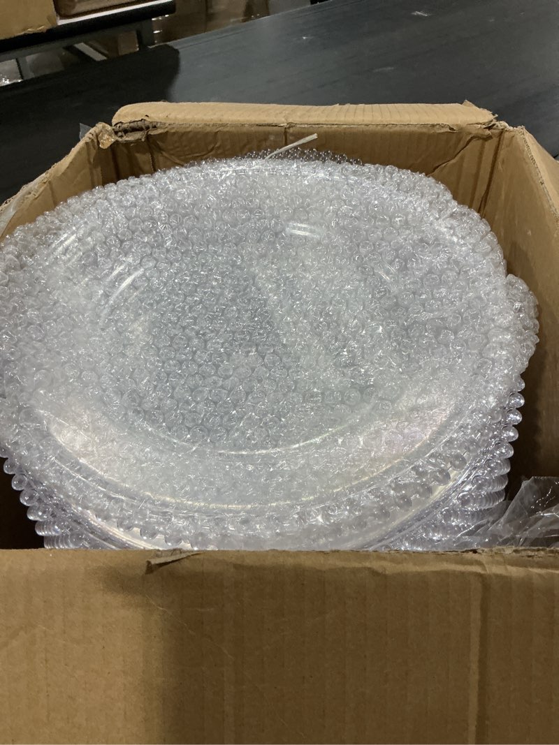 Condition photo showing Good Condition for hoolerry 50 pcs clear charger plates bulk 13 inch plastic round dinner plate with beaded rim acrylic round plates decorative charger service for home birthday wedding party events table decor clear 50