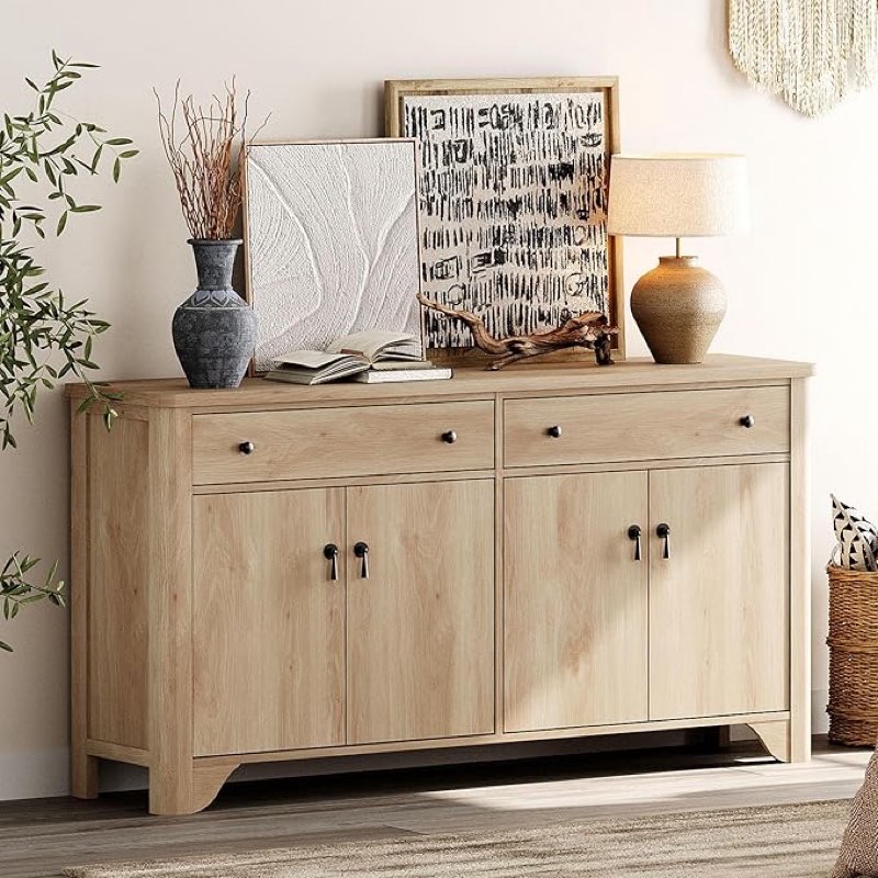 WAMPAT Buffet sideboard with storage, 59-inch large buffet cabinet with 2 drawers and 4 doors, adjustable shelves, wine bar buffet table for dining room, living room, oak