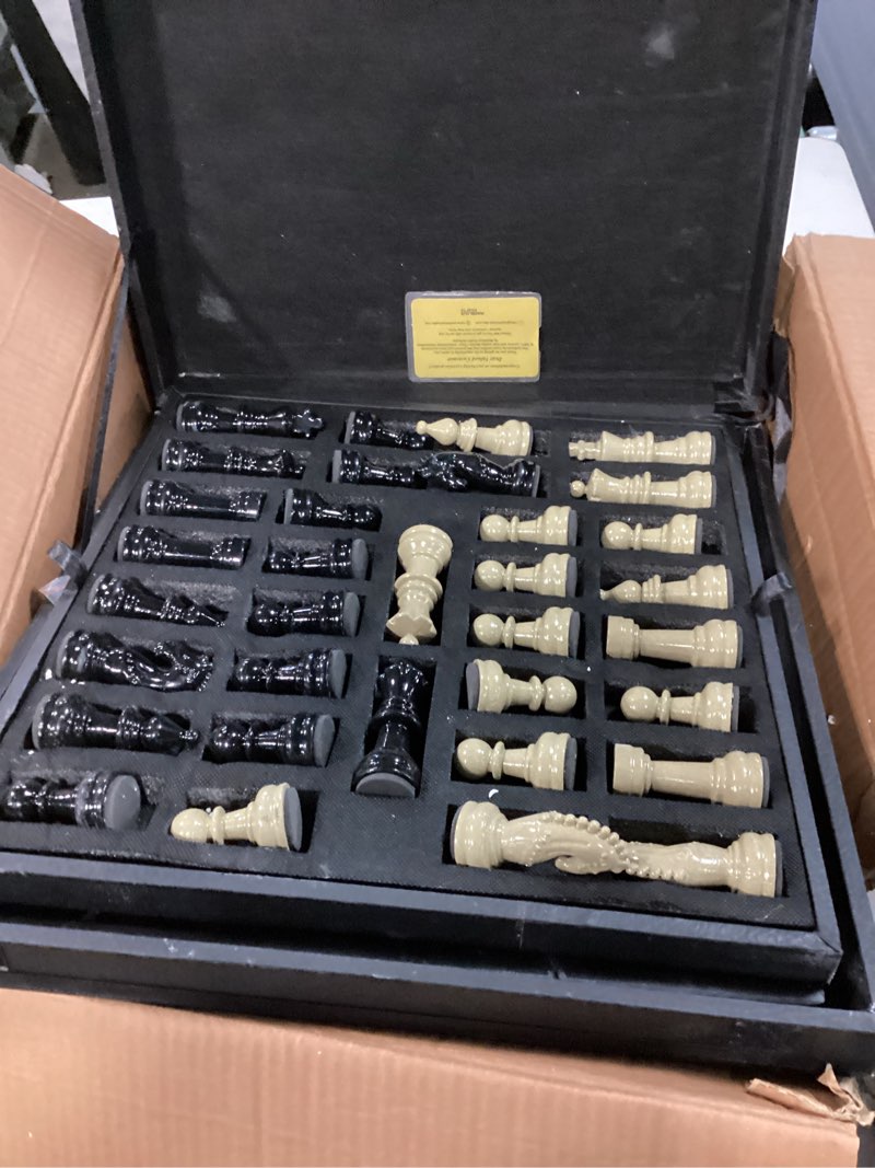 Condition photo showing As Is for Radicaln Marble Chess Set with Storage Box 15 Inches Black and Fossil Coral Handmade Chess Board Games - 2 Player Games for Adults - 1 Chess Board & 32 Chess Pieces
