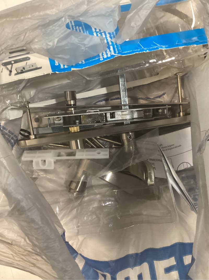 Condition photo showing As Is for wright products - serenade mortise keyed lever mount latch with deadbolt for screen and storm doors, satin nickel 5.12 x 4.5 x 4.5