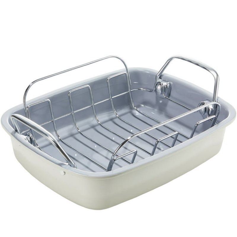 kitessensu nonstick turkey roasting pan with rack 17"x14", large chicken roaster pan for oven - wider handles & heavy duty construction - suitable for 24lb turkey, white