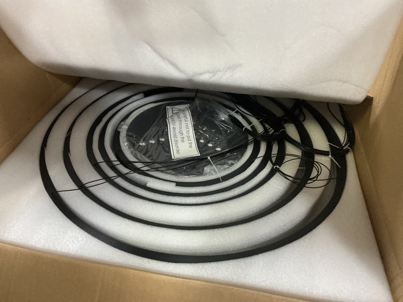 Condition photo showing New/Like New for 5-rings modern led chandelier black dimmable high ceiling chandelier for dining room with remote control for foyer living room entryway staircase(d23.6’’, 3000k-6500k) medium black