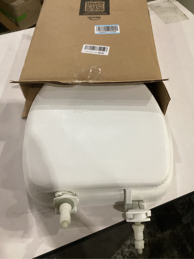 Condition photo showing As Is for mayfair linden slow close toilet seat, non slip heavy duty wood, easy install, elongated, white