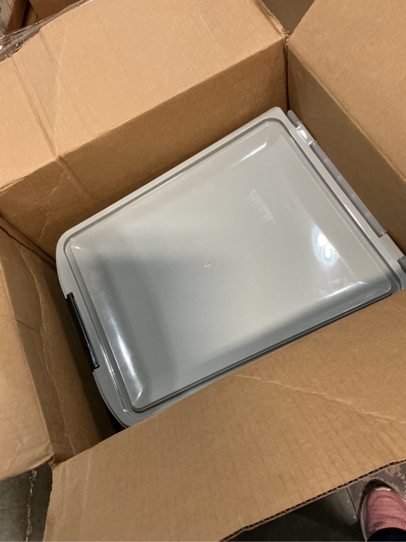 Condition photo showing As Is for iris usa airtight dog food storage container, weatherpro, up to 50 lbs, removable wheels, for dog cat bird and other pet food storage bin, keep fresh, translucent body, made in usa, clear/gray 50 lbs gray