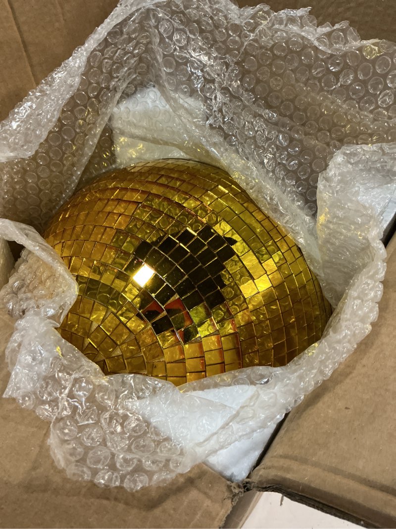 Condition photo showing Good Condition for 12-inch large disco ball with 20pcs replacement mirror, gold mirror ball disco ball decor for dj, club, parties, weddings, party events, gold large disco balls 12inch gold