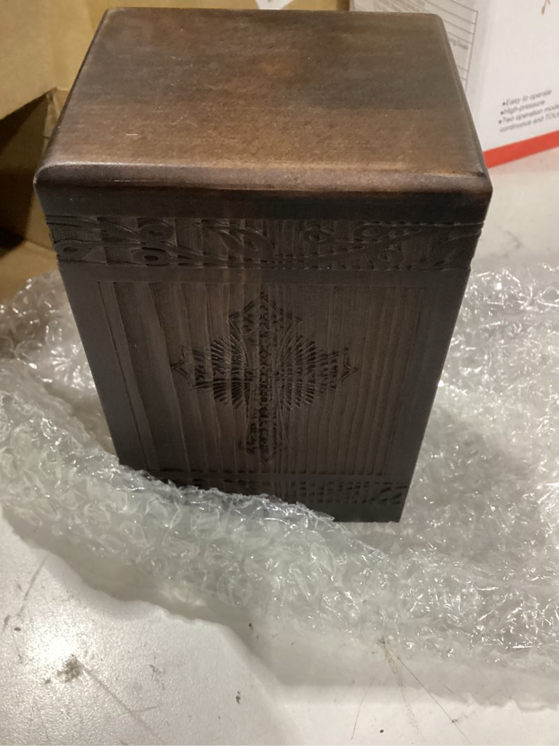 Condition photo showing New/Like New for cremation urns for human ashes adult male female, wooden carved cross urns box and casket for ashes men women child, pets cat dog urn, burial funeral memorial urns for ashes, holds 20 cubic inch