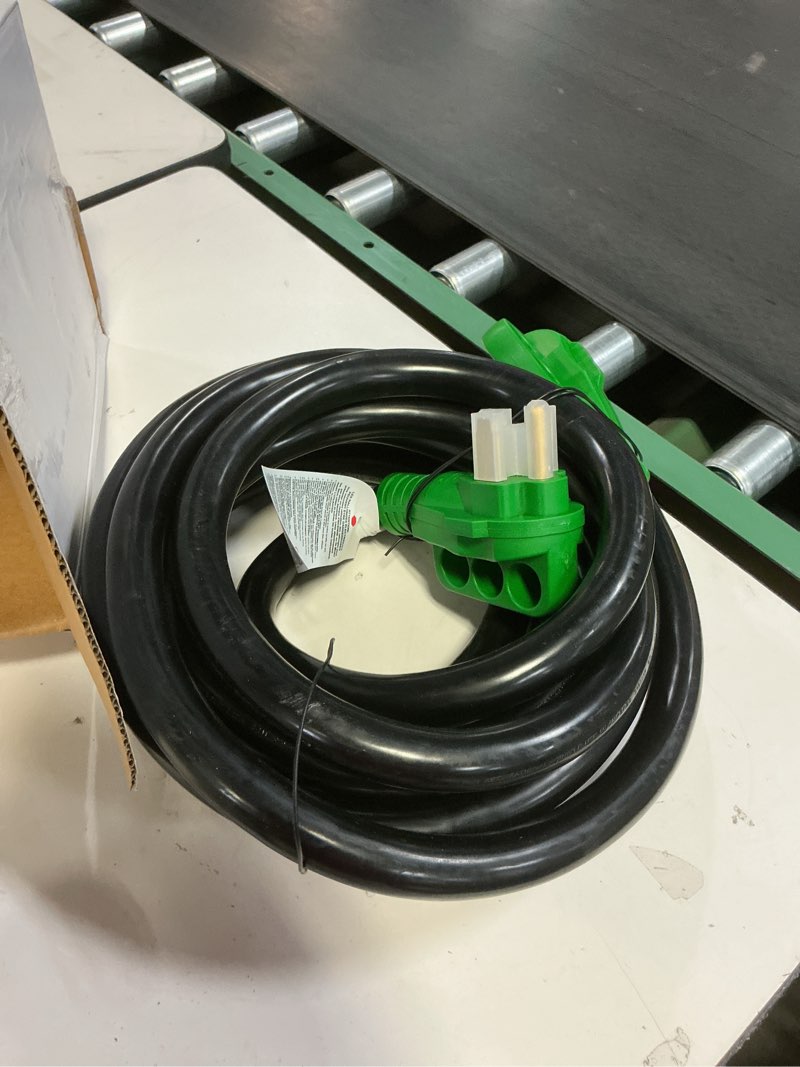 Condition photo showing As Is for RVGUARD 50 Amp 25 Foot RV Power Cord, 14-50P to SS2-50R Generator Extension Cord, Heavy Duty STW Cord with LED Power Indicator and Cord Organizer, Green, ETL Listed
