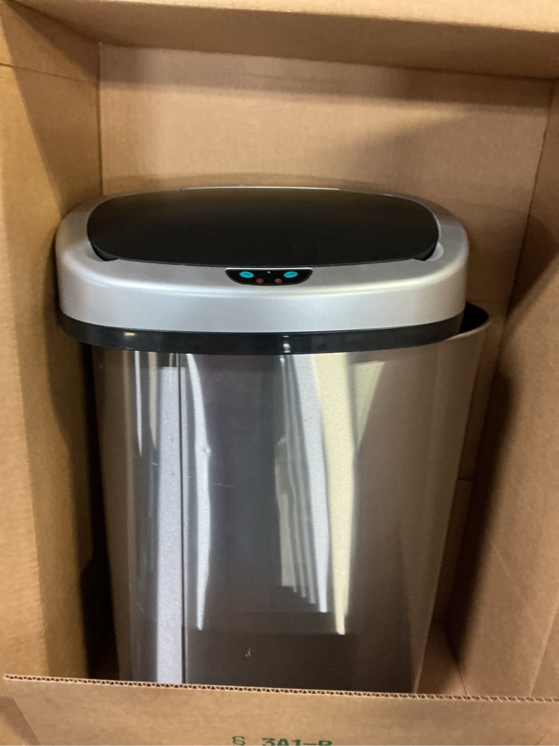 Condition photo showing As Is for BestOffice | 13 Gallon Trash Can with Lid | Automatic Touchless Garbage Can | Odor Control | Modern Oval Design | Easy to Clean | Stainless Steel | Fits Any Kitchen, Bathroom, Office or Home Stainless Steel Stainless Steel