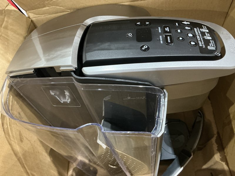 Condition photo showing As Is for keurig k-elite single serve k-cup pod coffee maker, with strength and temperature control, iced coffee capability, 8 to 12oz brew size, programmable, brushed silver