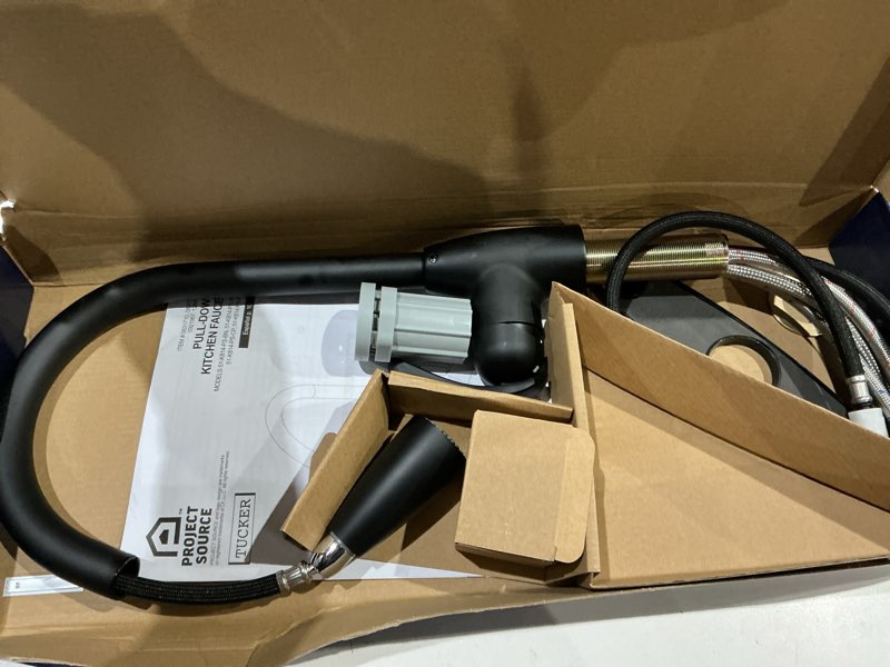 Condition photo showing As Is for project source tucker matte black single handle deck-mount pull-down kitchen faucet with sprayer (includes deck plate)