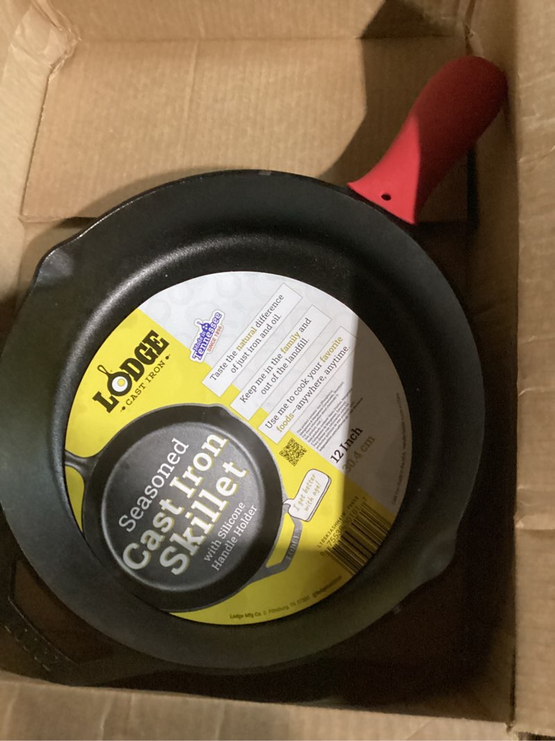 Condition photo showing Good Condition for Lodge Cast Iron Skillet with Red Silicone Hot Handle Holder, 12-inch