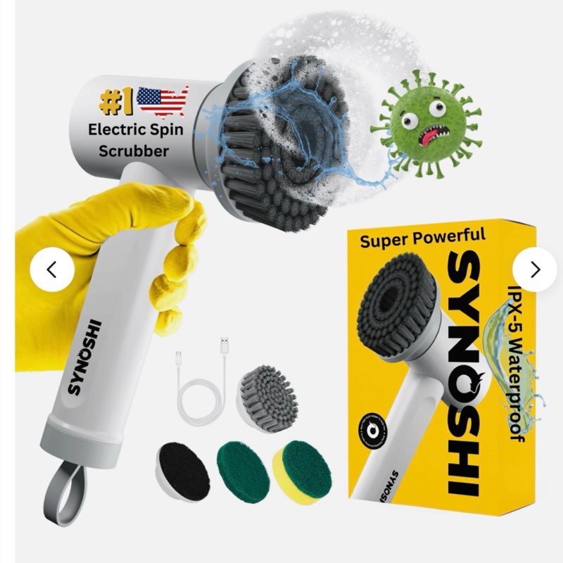 Synoshi® | Electric Spin Scrubber | Cordless Power Brush with 3 Cleaning Heads