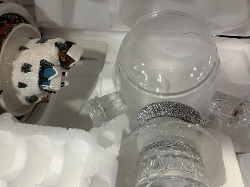 Condition photo showing Good Condition for Thomas Kinkade White Christmas Crystal Snowman, Handcrafted Figurine with Lighted Village and Moving Train, Bradford Exchange Collectible