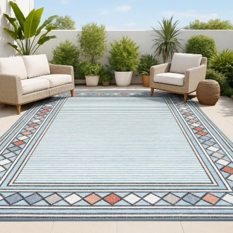JONATHAN Y Diamond Border Indoor Outdoor Area Rug 4X6 Blue/Ivory, Sebastian High-Low Modern for Back