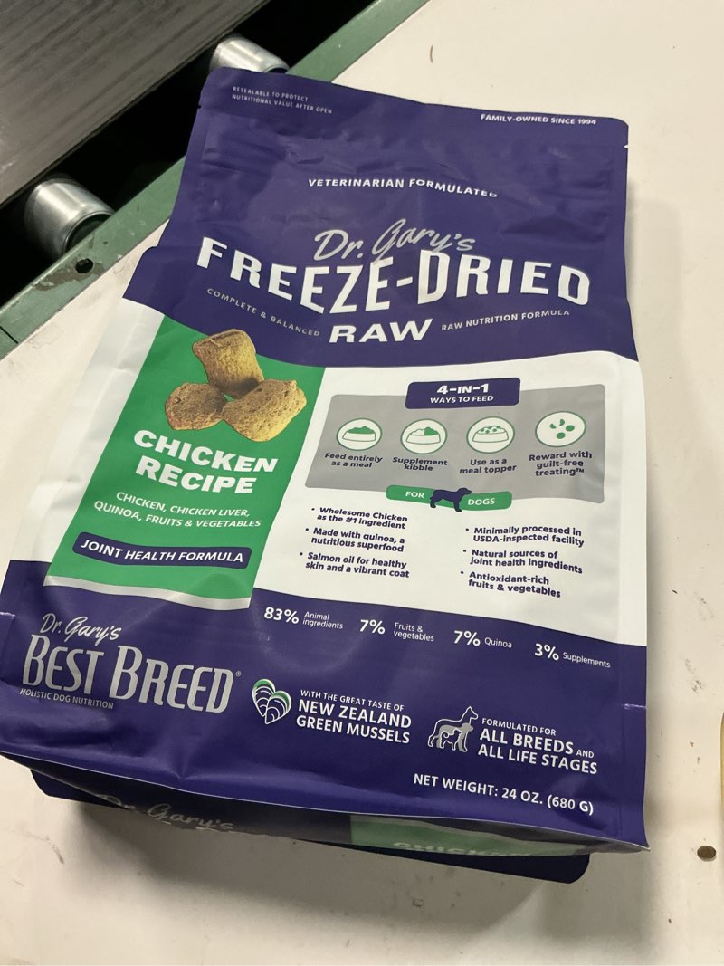 Condition photo showing New/Like New for (Best by 04 / 09 / 2025 ) Best Breed Dr. Gary's Freeze-Dried Raw Food, Topper and Treat: Chicken Recipe - 24 oz.