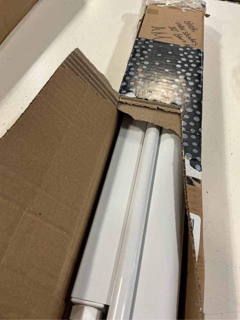 Condition photo showing As Is for unishades no tools no drill cordless blackout roller shades for indoor windows, easy to install, darkens rooms, blocks heat, and protects against uv rays, window size 20” w × 48" h white blackout - white 20" w × 48" h