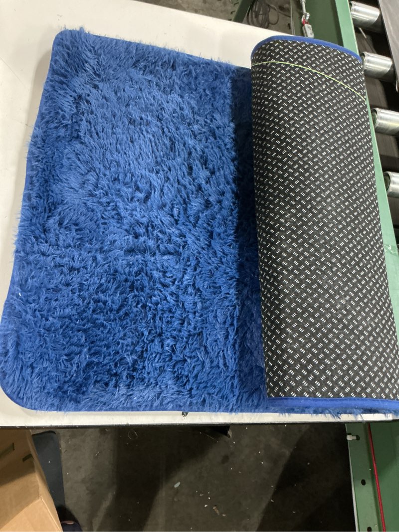 Condition photo showing As Is for ophanie blue runner rug for hallway, 2x6 bedroom bedside living room rugs, non slip fluffy soft shaggy carpet for kids girls boys dorm nursery home decor aesthetic 6- blue 2' x 6' (runner)