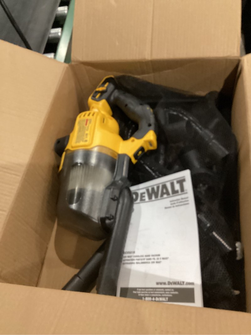 Condition photo showing As Is for dewalt 20v handheld vacuum cordless, car vacuum with hepa filter, 6 attachments and led light, high performance dry only small shop vac, battery not included (dcv501hb)