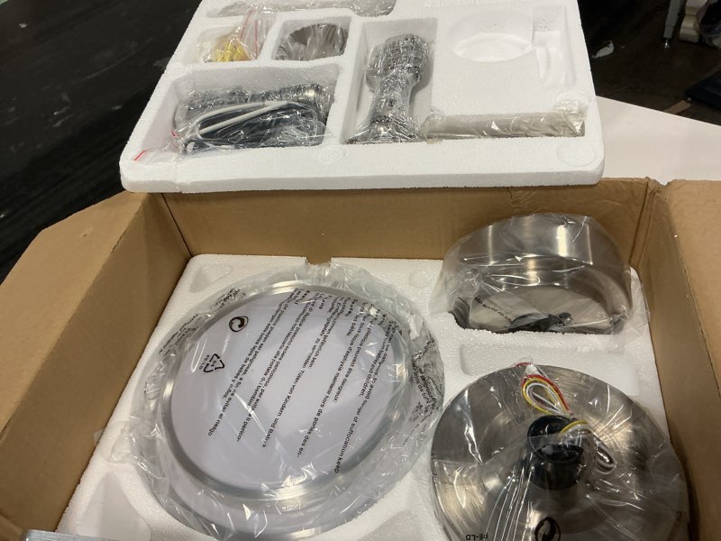 Condition photo showing New/Like New for ceiling fans with lights and remote control, 42 inch flush mount ceiling fan with quiet reversible dc motor, dimmable led lighting, 6 speeds, timer, nickel ceiling fan for bedroom living room nickel 42inch