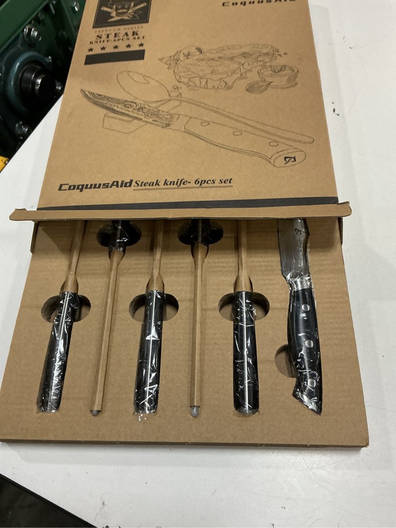 Condition photo showing New/Like New for steak knives set of 6, 4.8 inch non serrated razor-sharp durable dinner knives with rest, german stainless steel damascus pattern full tang forged, rust resistant & easy to maintain 6 piece with rest