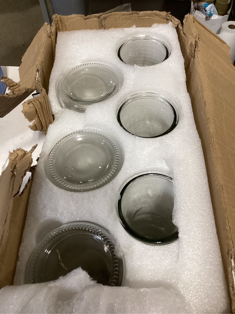 Condition photo showing Good Condition for set of 6 glass carafe with lid, 1 liter beverage serveware carafe, clear glass pitcher for mimosa bar, brunch, cold water, juice, milk, iced tea, lemonade