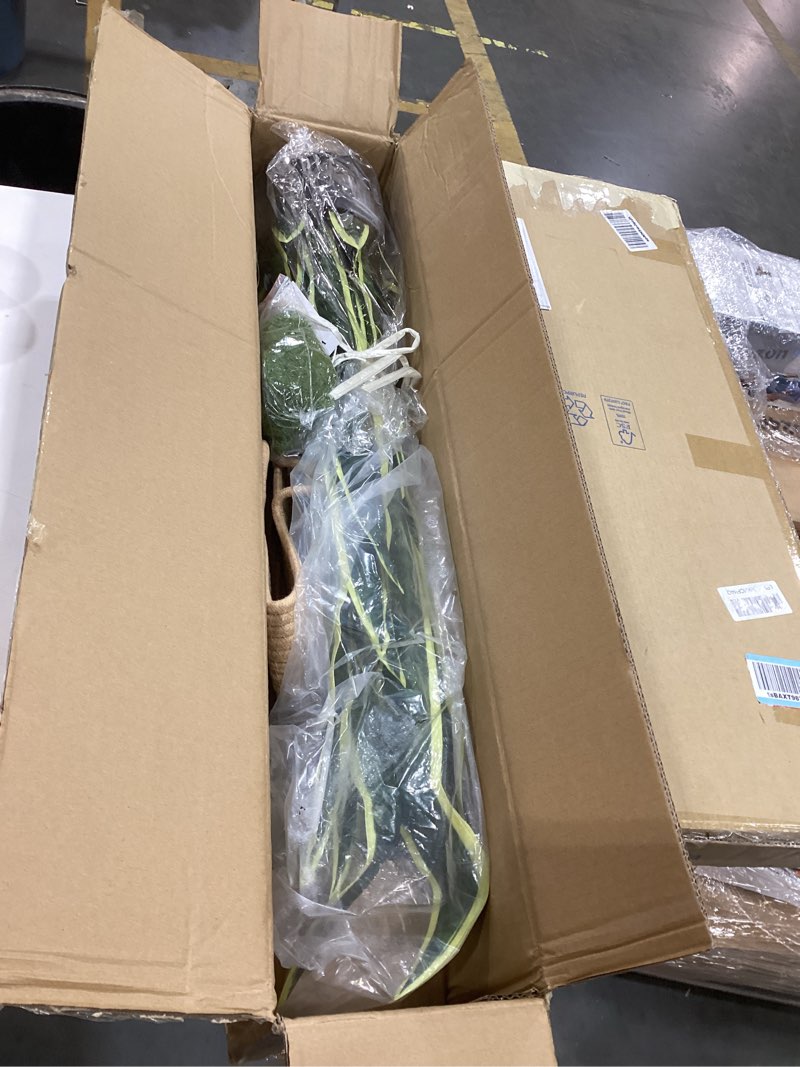 Condition photo showing Good Condition for warmplants artificial snake plant, 3ft fake sansevieria with basket, 35" fake mother in law plants, perfect faux potted plant greenery for indoor home office store lifelike decoration (yellow) yellow 35" with basket
