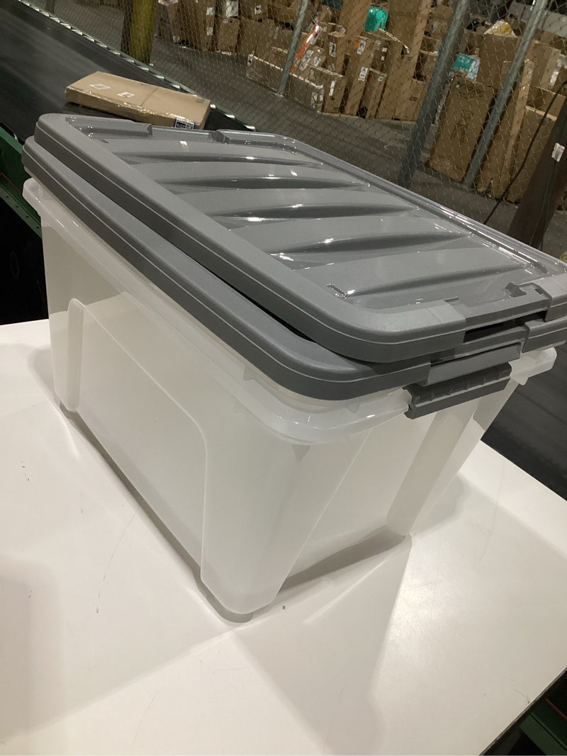Condition photo showing Good Condition for Amazon Basics Plastic Storage Containers with Secure Latching Lids, Stackable Organization Bins, Clear/Grey, 32 Quart, Set of 6 32 Qt. - 6 Pack