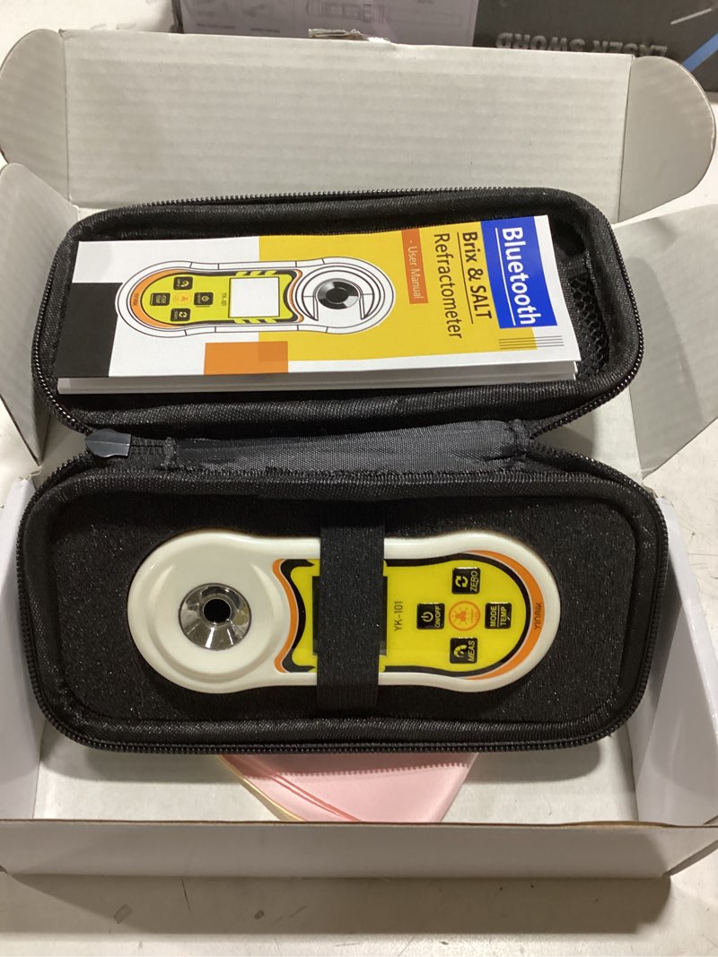 Condition photo showing As Is for smart refractometer brix salt meter, brix refractometer & salinity tester with atc, hand-held salinity meter 0-24% for food,sauces and aquarium, brix sugar refractometer 0-60% for fruit,drinks,coffee yk-101p