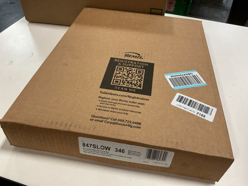 Condition photo showing New/Like New for mayfair cassel slow close toilet seat, easy clean, non slip premium wood seat, easy install, made in usa, round, biscuit seat round