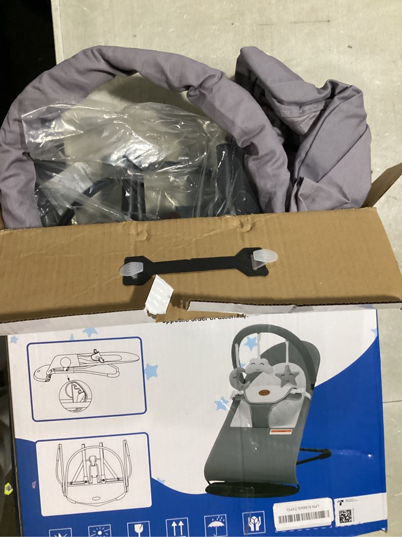 Condition photo showing New/Like New for hkai baby bouncer, portable baby bouncer seat for babies 0-18 months, 100% cotton fabrics, 3 modes of use with rocker and stationary options, infant rocker chair with hanging toys-light grey