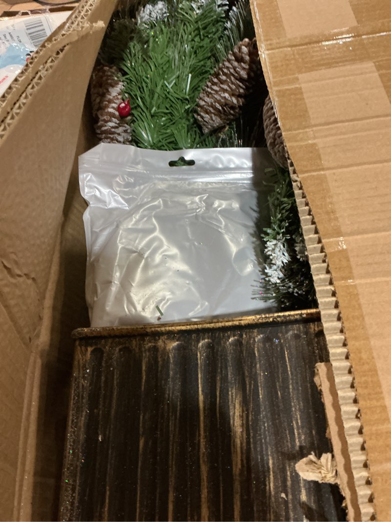 Condition photo showing New/Like New for 4FT Outdoor Christmas Tree with Lights in Vintage Potted Base, Battery Operated Xmas Tree with Snow-Touched Branches, 100 LED Warm Lights with Timer, Porch Entryway Holiday Decoration Snowy Glow Tree 2