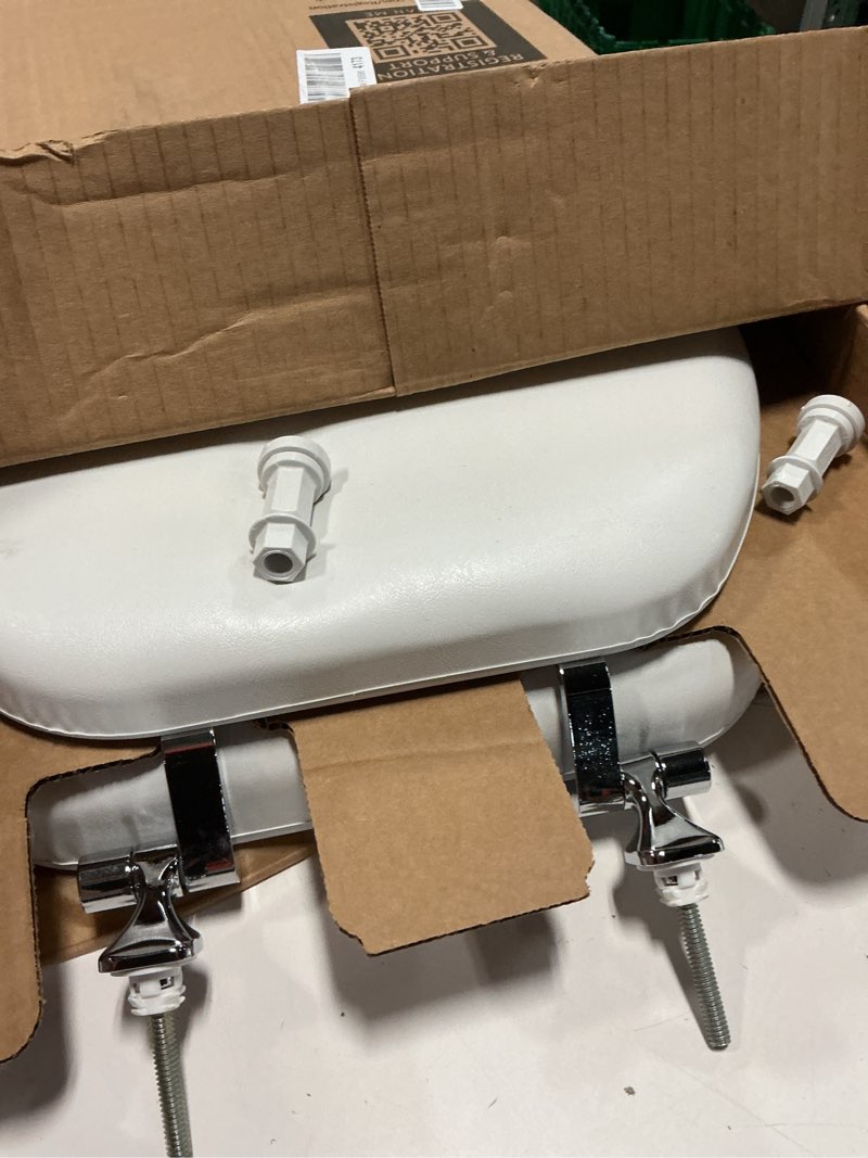 Condition photo showing Good Condition for mayfair padded toilet seat with chrome hinges, soft vinyl over wood core seat, made in usa, round, white elongated seat