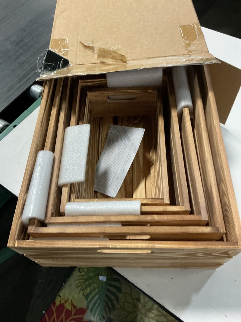 Condition photo showing Good Condition for wooden crates for display large rustic nesting wooden basket with handle, farmhouse wood crate for storage and container, 5 size multipurpose wood basket for fruits vegetables boxes xxl xxl 5pcs