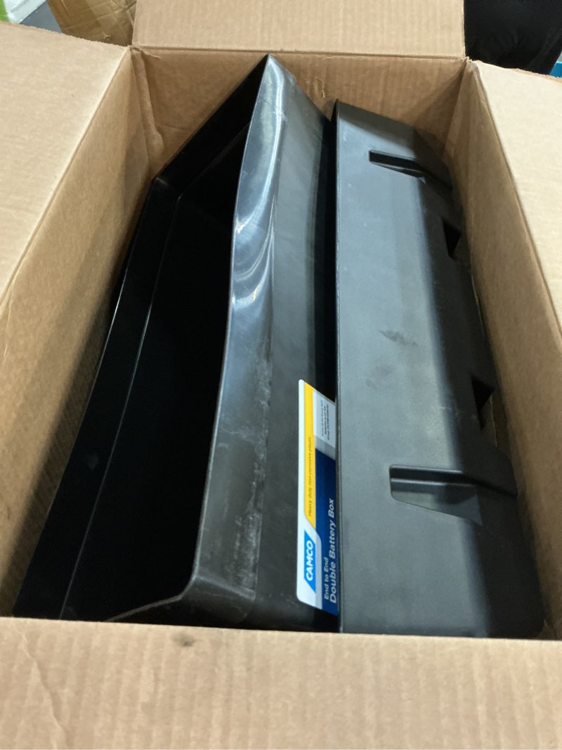 Condition photo showing Good Condition for camco double battery box - safely stores rv, automotive, and marine batteries - features a heavy-duty corrosion-resilient polymer construction and measures inside 21-1/2" x 7-3/8" x 11-3/16" (55375) frustration free packaging double battery box