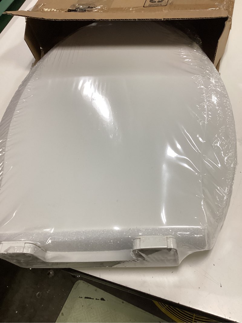Condition photo showing New/Like New for durable elongated toilet seat with slow soft close - easy to install and clean, never loosens - white, fits most elongated toilets white elongated without toddler seat