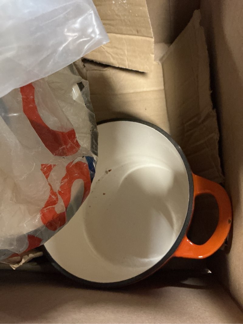 Condition photo showing As Is for e-far sauce pan set with lid, 1qt & 2qt enameled cast iron pot sets for kitchen cooking, small heavy duty dutch oven saucepans & self-basting lids, induction-ready & easy clean, orange orange 1 quart & 2 quart